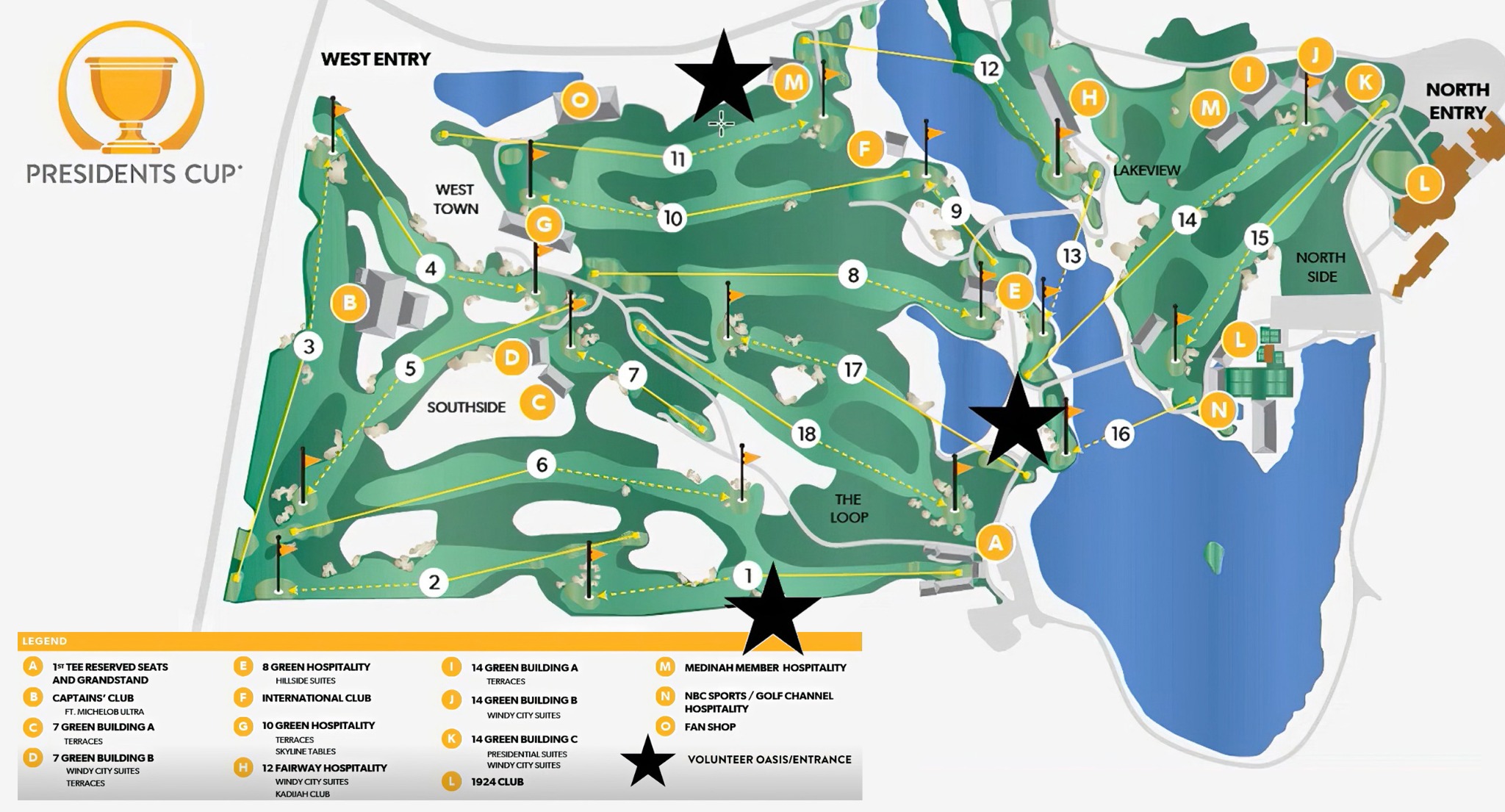 Presidents Cup map of Medinah Country Club Course 3 showing holes 1 through 18, entries, and key guest areas