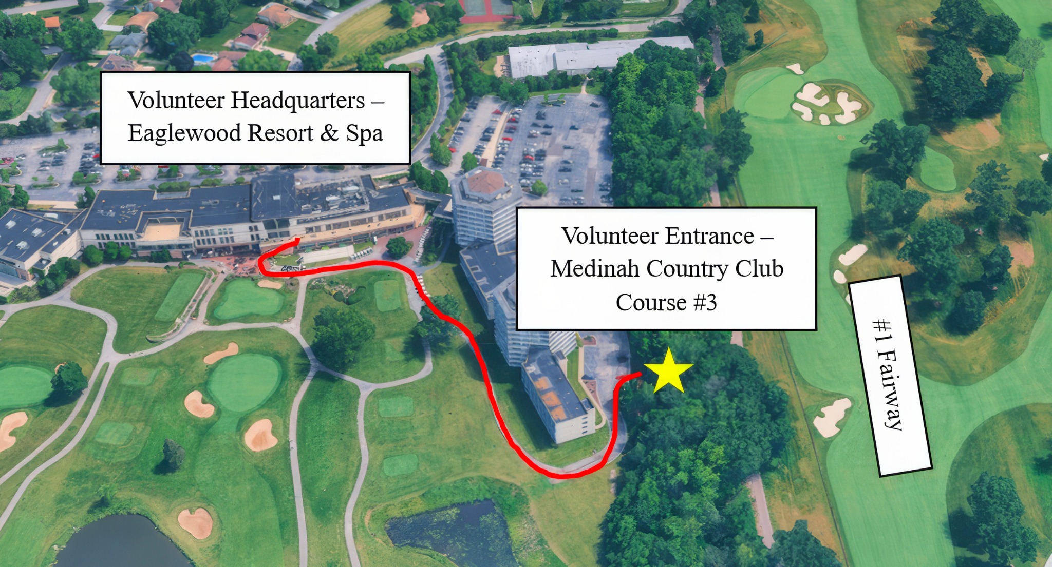 Walking route from Volunteer Headquarters at Eaglewood Resort and Spa to the volunteer entrance at Medinah Country Club Course 3